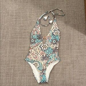 Brittney Spears Blue and Cream One Piece Swimsuit with Halter Neck